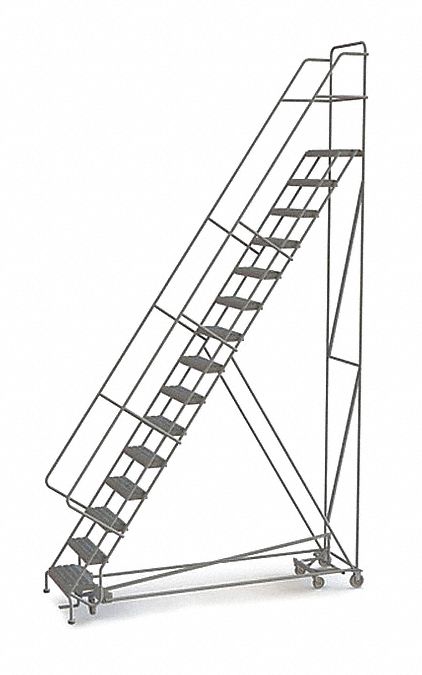 Rolling Ladder: 12.5 ft Platform Ht, Unassembled, Steel, Foot-Activated Step Lock, Serrated