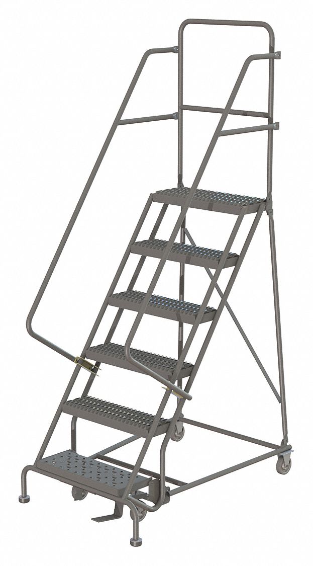 Rolling Ladder: 5 ft Platform Ht, Unassembled, Steel, Manual Lock, Serrated, 27 in x 50 in