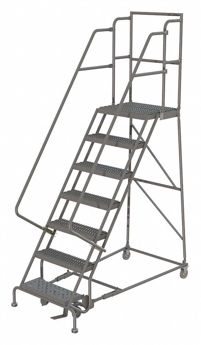 Rolling Ladder: 5.8 ft Platform Ht, Unassembled, Steel, Manual Lock, Serrated, 27 in x 67 in
