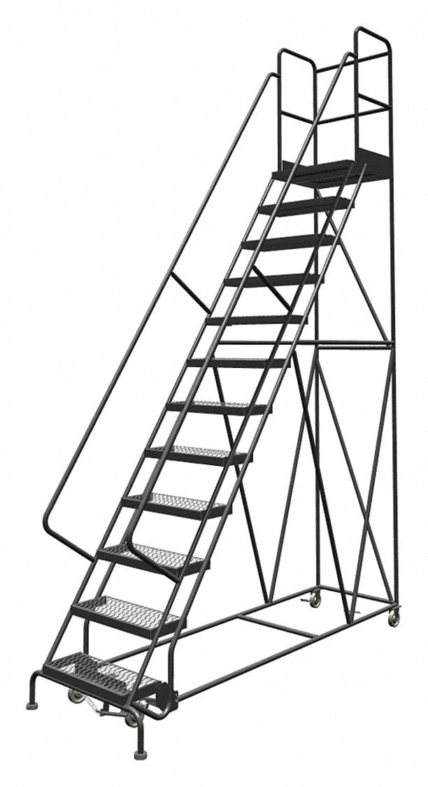 Rolling Ladder: 10 ft Platform Ht, Unassembled, Steel, Manual Lock, Serrated, 35 in x 110 in