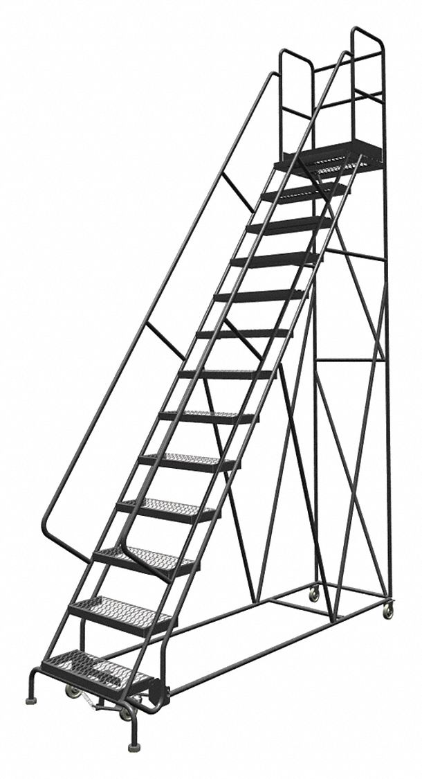 Rolling Ladder: 10.8 ft Platform Ht, Unassembled, Steel, Manual Lock, Serrated