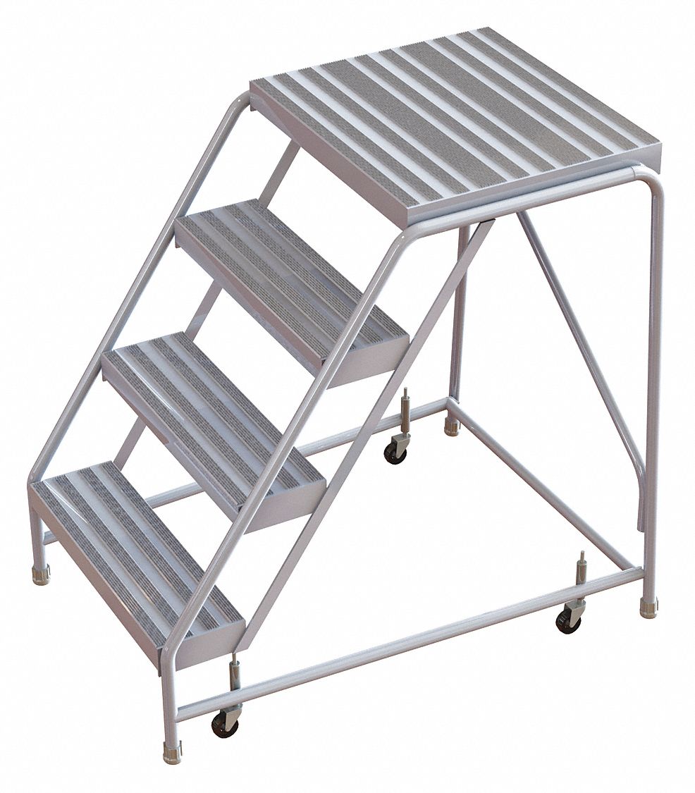 Rolling Ladder, 4 Step, Aluminum, Ribbed