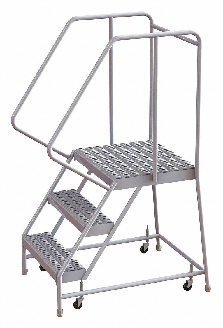 Rolling Ladder: 2.5 ft Platform Ht, Assembled, Aluminum, Wt-Actuated, Serrated