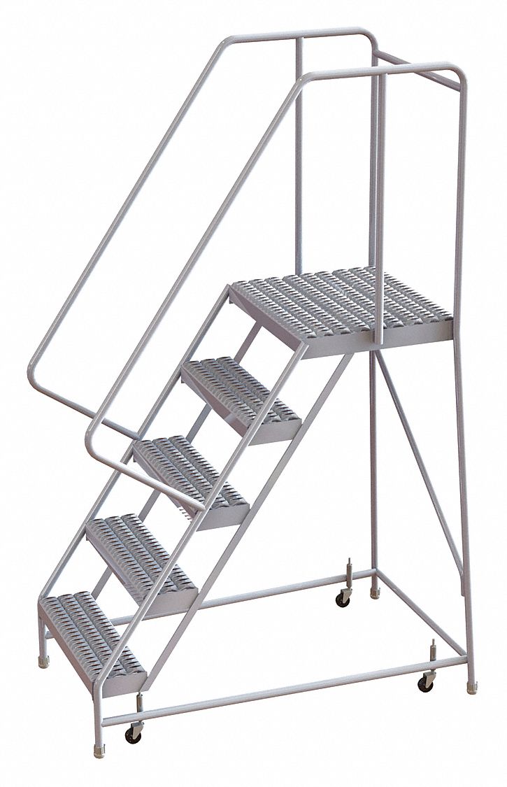 Rolling Ladder: 4.2 ft Platform Ht, Assembled, Aluminum, Wt-Actuated, Serrated