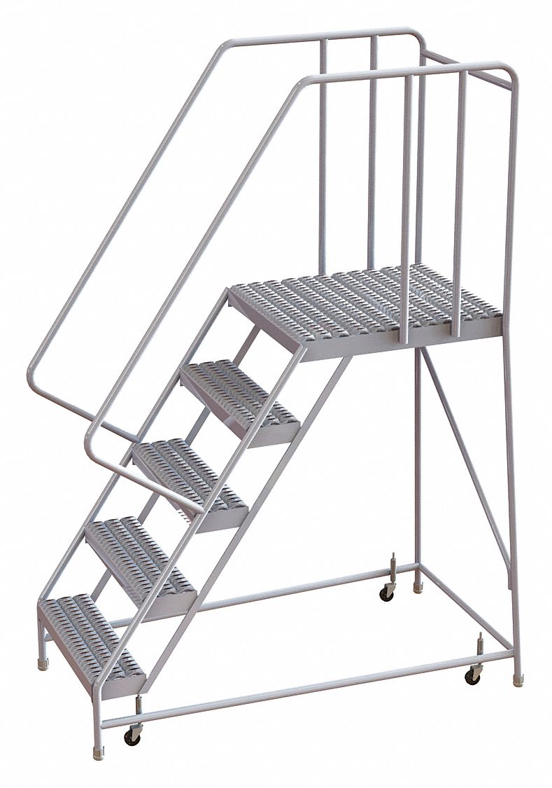Rolling Ladder: 4.2 ft Platform Ht, Assembled, Aluminum, Wt-Actuated, Serrated