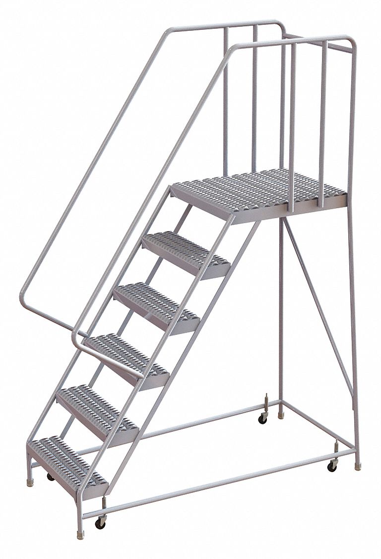 Rolling Ladder, 6 Step, Aluminum, Serrated