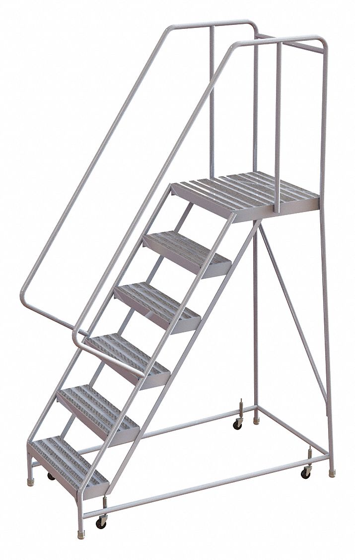Rolling Ladder: 5 ft Platform Ht, Assembled, Aluminum, Wt-Actuated, Ribbed, 32 in x 58 in