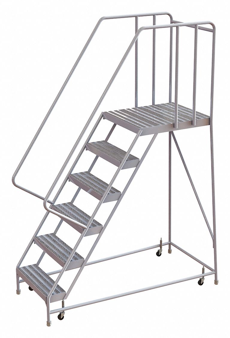 Rolling Ladder: 5 ft Platform Ht, Assembled, Aluminum, Wt-Actuated, Ribbed, 32 in x 65 in