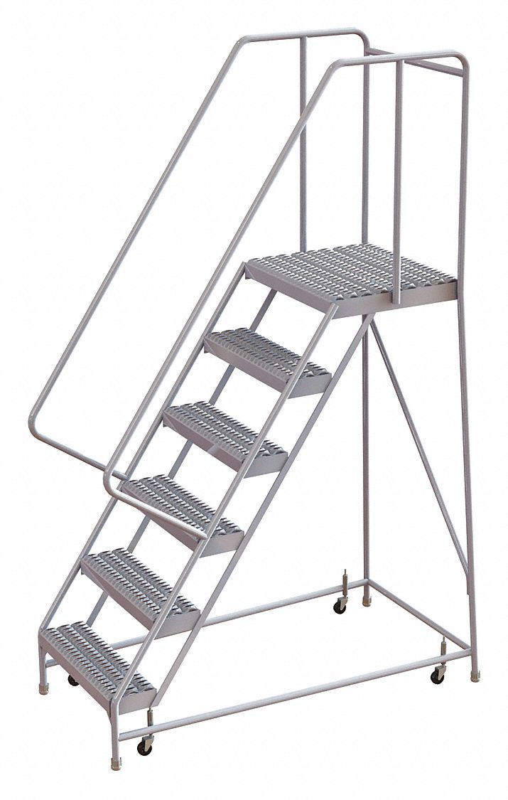 Rolling Ladder: 5 ft Platform Ht, Assembled, Aluminum, Wt-Actuated, Serrated, 32 in x 58 in