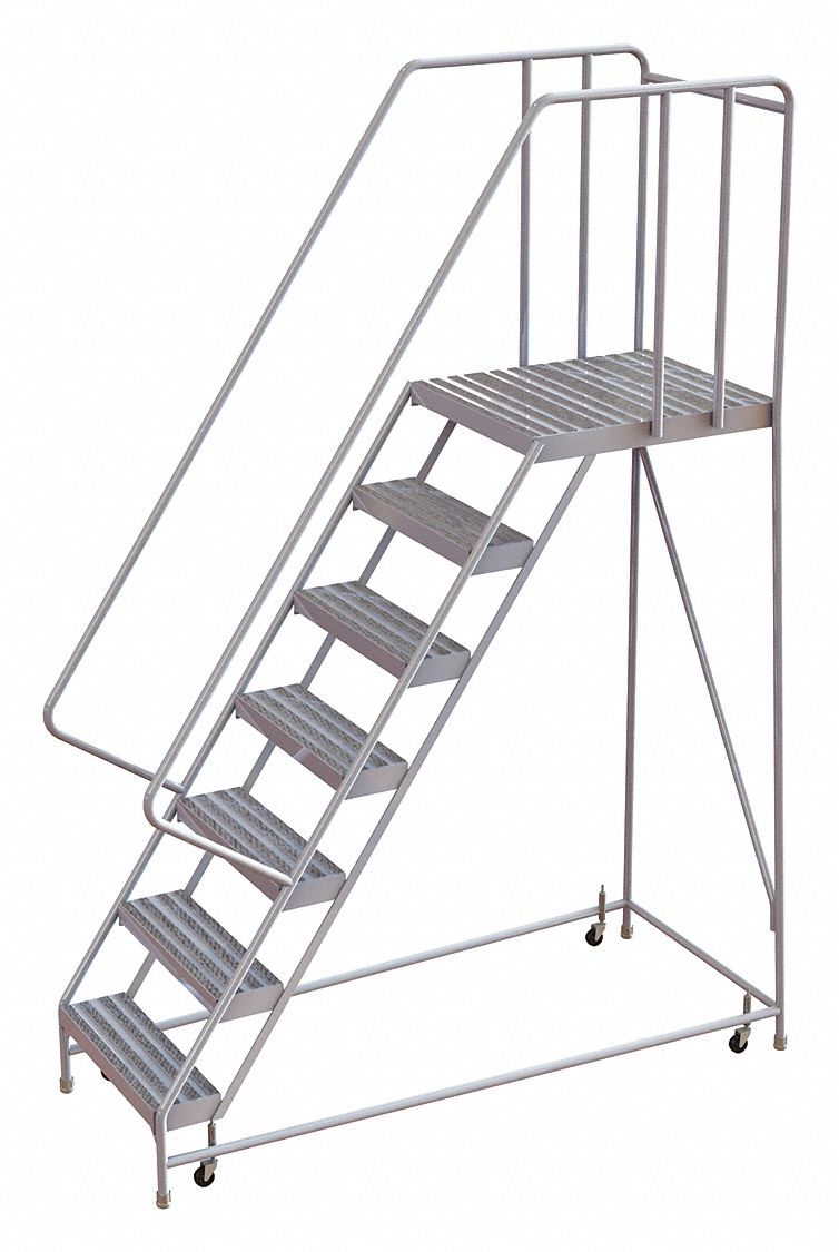 Rolling Ladder, 7 Step, Aluminum, Ribbed