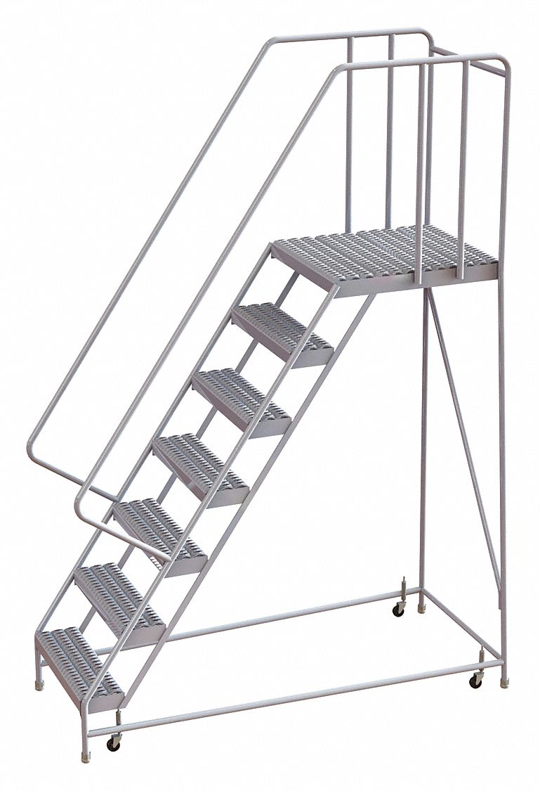 Rolling Ladder, 7 Step, Aluminum, Serrated