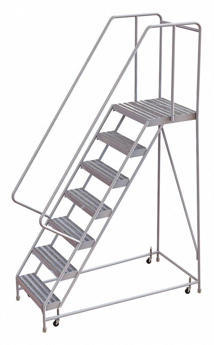 Rolling Ladder: 5.8 ft Platform Ht, Assembled, Aluminum, Wt-Actuated, Ribbed, 32 in x 64 in