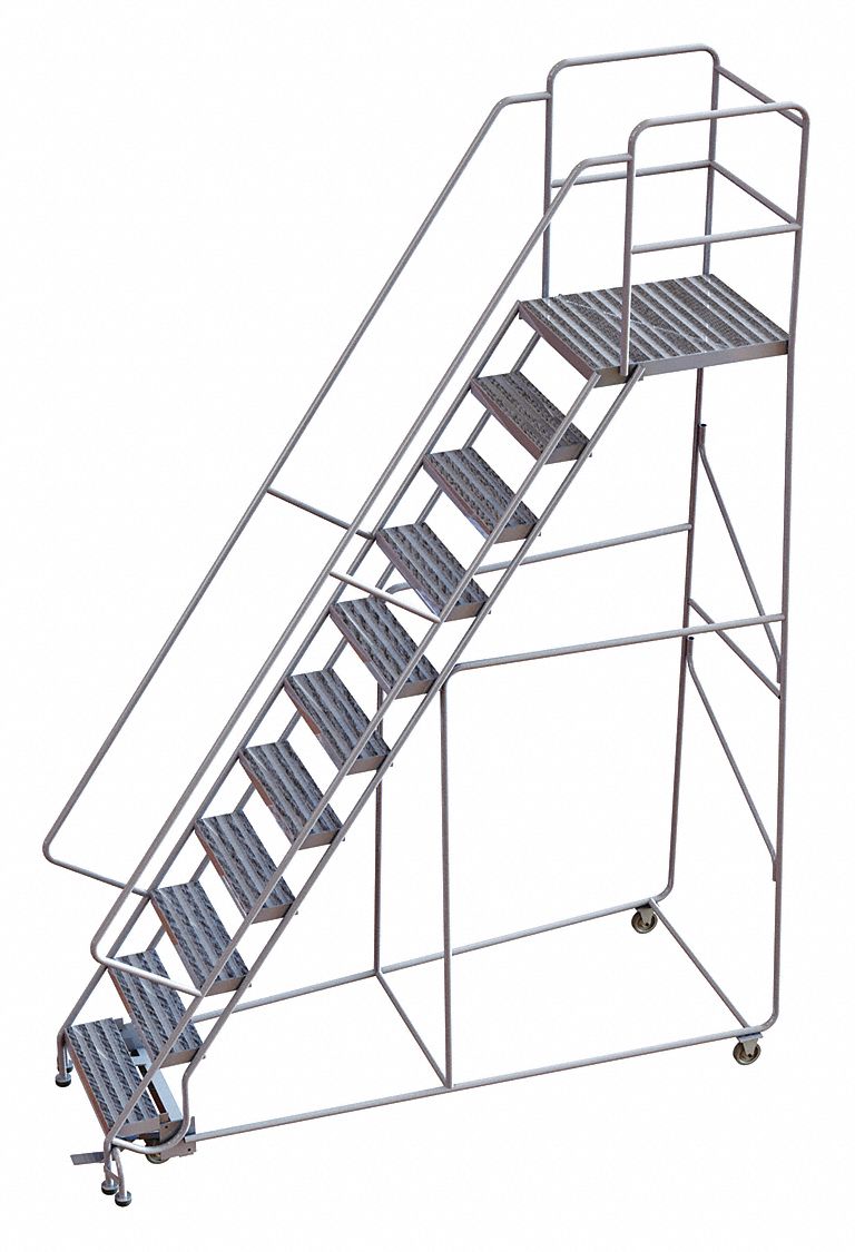 Rolling Ladder: 9.2 ft Platform Ht, Assembled, Aluminum, Manual Lock, Ribbed, 38 in x 100 in