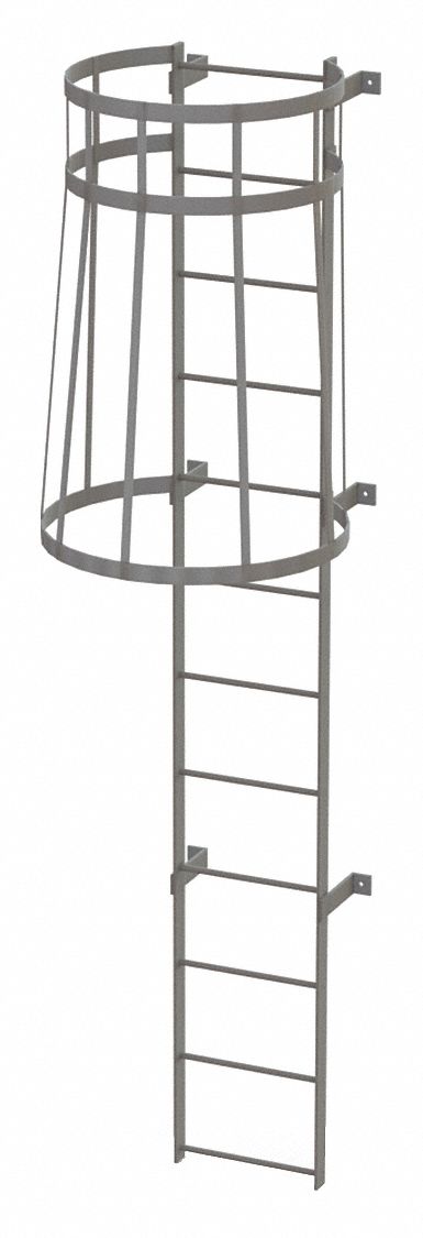 Fixed Ladder with Safety Cage: 11 ft Overall Ht, 18 in Overall Wd, Steel, 12 Rungs