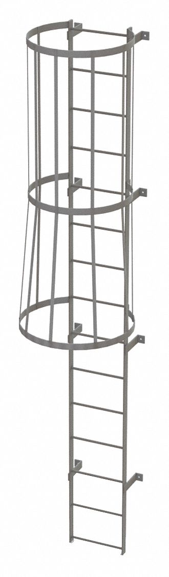 Fixed Ladder with Safety Cage: 14 ft Overall Ht, 18 in Overall Wd, Steel, 15 Rungs