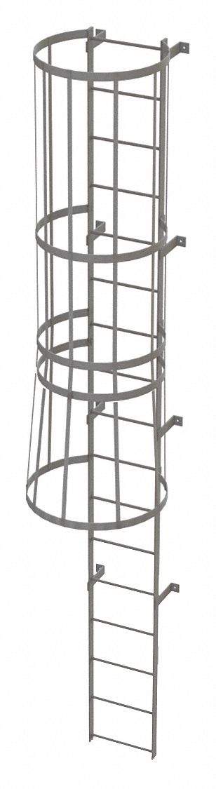 Fixed Ladder with Safety Cage: 16 ft Overall Ht, 18 in Overall Wd, Steel, 17 Rungs