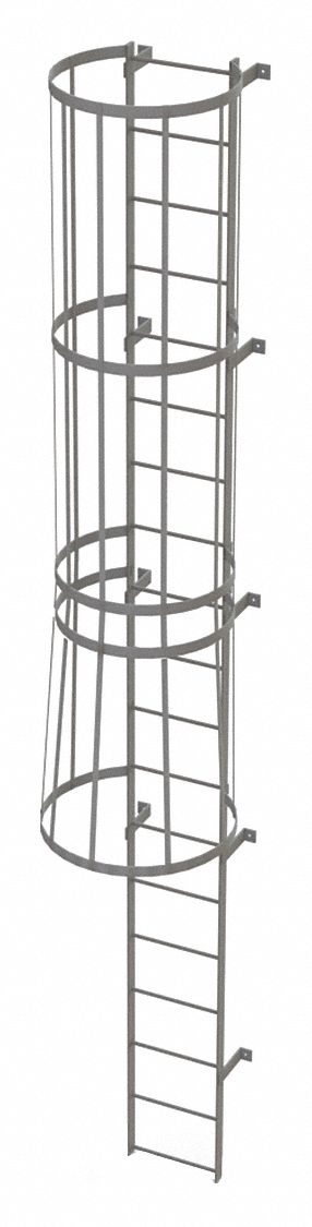 Fixed Ladder with Safety Cage: 18 ft Overall Ht, 18 in Overall Wd, Steel, 19 Rungs