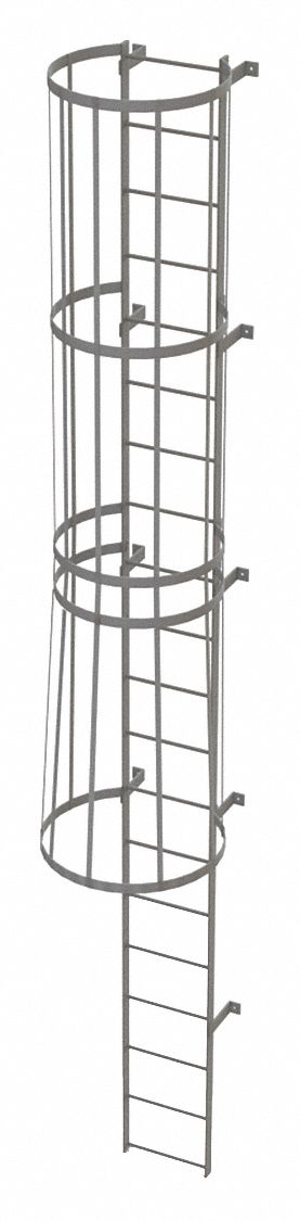 Fixed Ladder with Safety Cage: 19 ft Overall Ht, 18 in Overall Wd, Steel, 20 Rungs