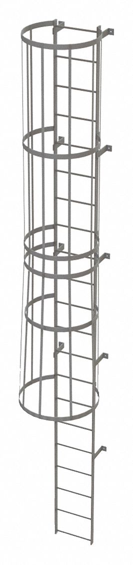 Fixed Ladder with Safety Cage: 20 ft Overall Ht, 18 in Overall Wd, Steel, 21 Rungs