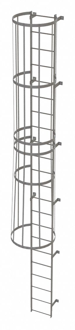 Fixed Ladder with Safety Cage: 21 ft Overall Ht, 18 in Overall Wd, Steel, 22 Rungs