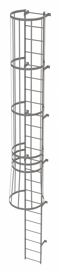 Fixed Ladder with Safety Cage: 22 ft Overall Ht, 18 in Overall Wd, Steel, 23 Rungs