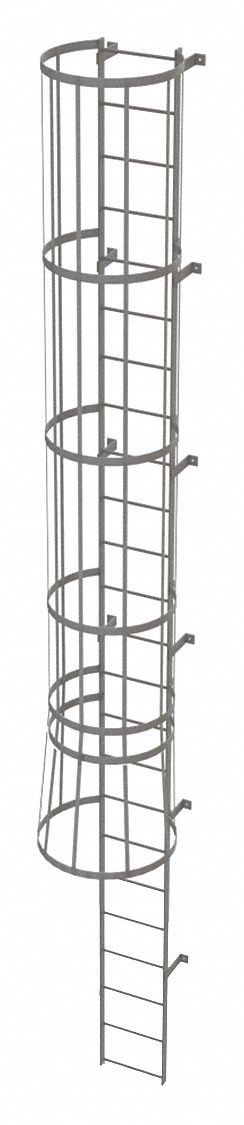 Fixed Ladder with Safety Cage: 23 ft Overall Ht, 18 in Overall Wd, Steel, 24 Rungs