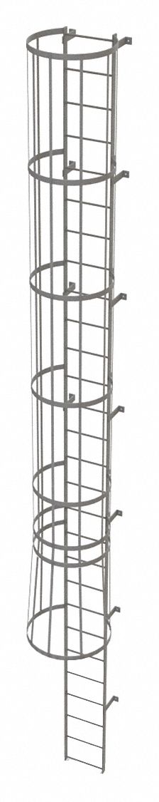 Fixed Ladder with Safety Cage: 27 ft Overall Ht, 18 in Overall Wd, Steel, 28 Rungs