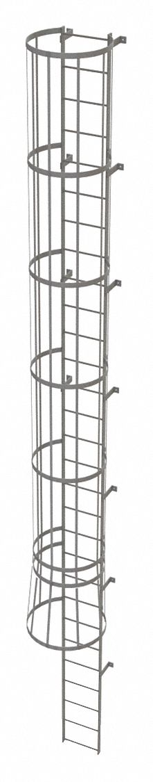 Fixed Ladder with Safety Cage: 28 ft Overall Ht, 18 in Overall Wd, Steel, 29 Rungs