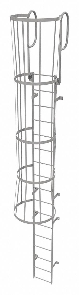 Fixed Ladder with Safety Cage: 20 ft Overall Ht, 18 in Overall Wd, Steel, 17 Rungs