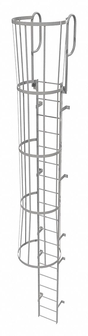 Fixed Ladder with Safety Cage: 22 ft Overall Ht, 18 in Overall Wd, Steel, 19 Rungs