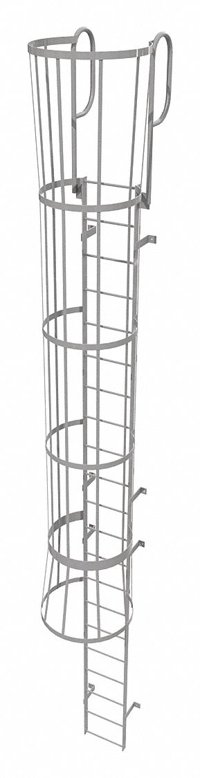 Fixed Ladder with Safety Cage: 24 ft Overall Ht, 18 in Overall Wd, Steel, 21 Rungs