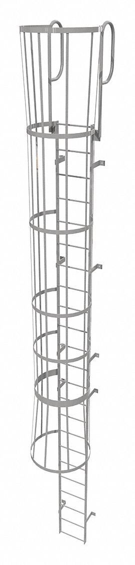 Fixed Ladder with Safety Cage: 26 ft Overall Ht, 18 in Overall Wd, Steel, 23 Rungs