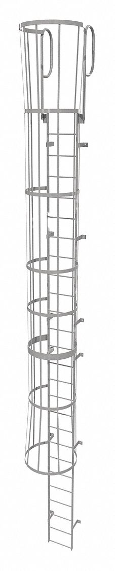 Fixed Ladder with Safety Cage: 29 ft Overall Ht, 18 in Overall Wd, Steel, 26 Rungs