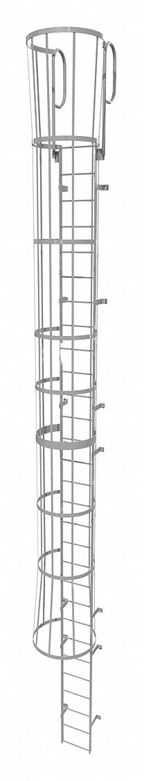 Fixed Ladder with Safety Cage: 32 ft Overall Ht, 18 in Overall Wd, Steel, 29 Rungs