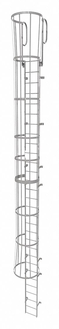Fixed Ladder with Safety Cage: 33 ft Overall Ht, 18 in Overall Wd, Steel, 30 Rungs