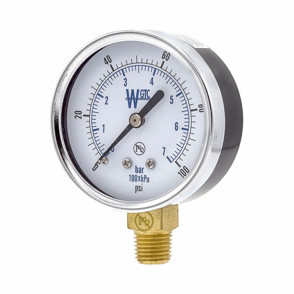 Pressure Gauge: 100 psi, 2 1/2 in Dial, 1/4 in NPT Male, Bottom, ±3-2-3% Accuracy, 25TL4