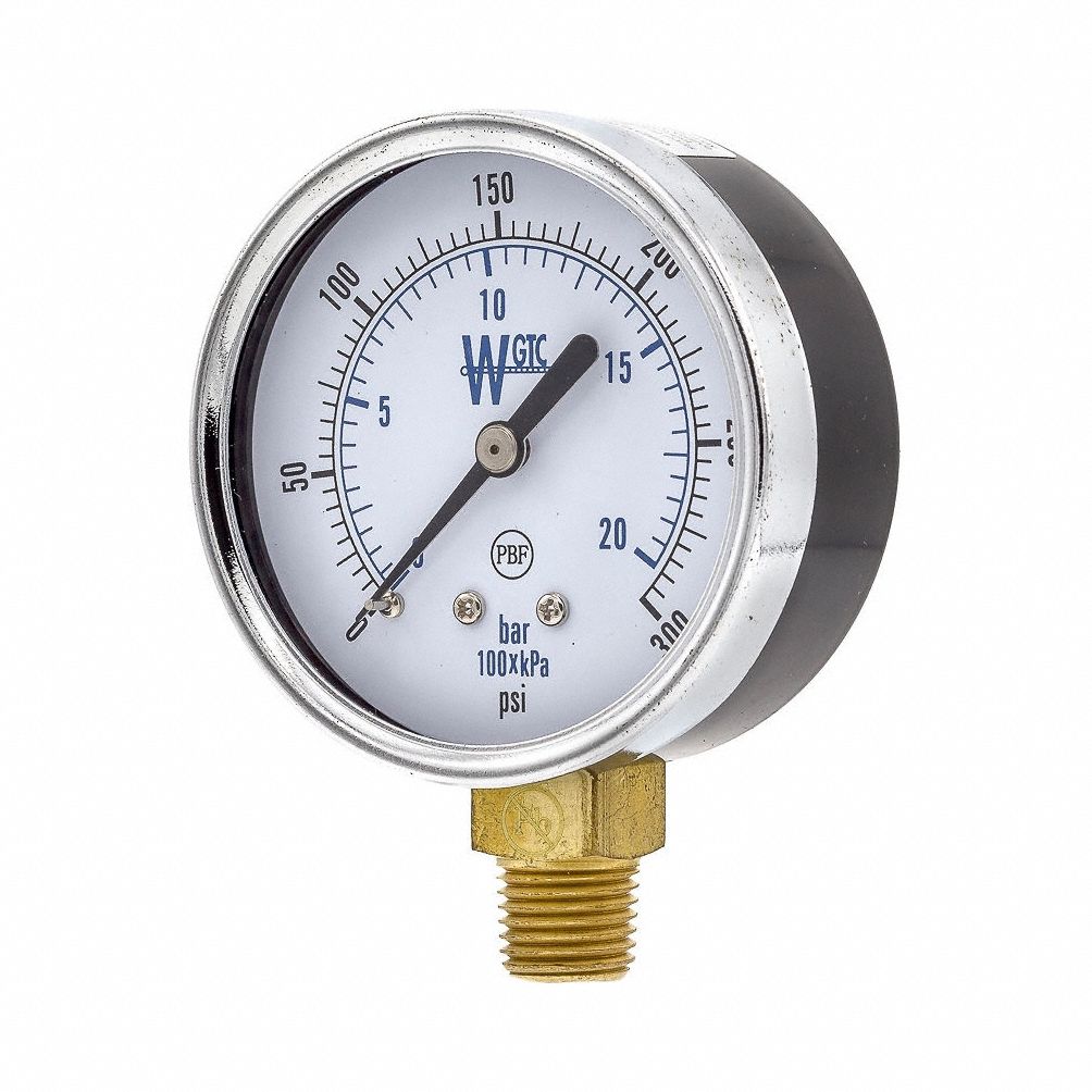 Pressure Gauge: 300 psi, 2 1/2 in Dial, 1/4 in NPT Male, Bottom, ±3-2-3% Accuracy, 25TL4