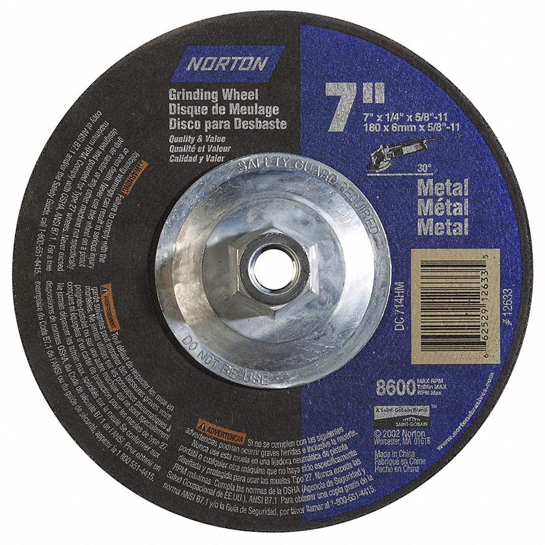 DEPRESSED CENTRE GRINDING WHEEL, TYPE 27, 7 IN X ¼ IN X ⅝
