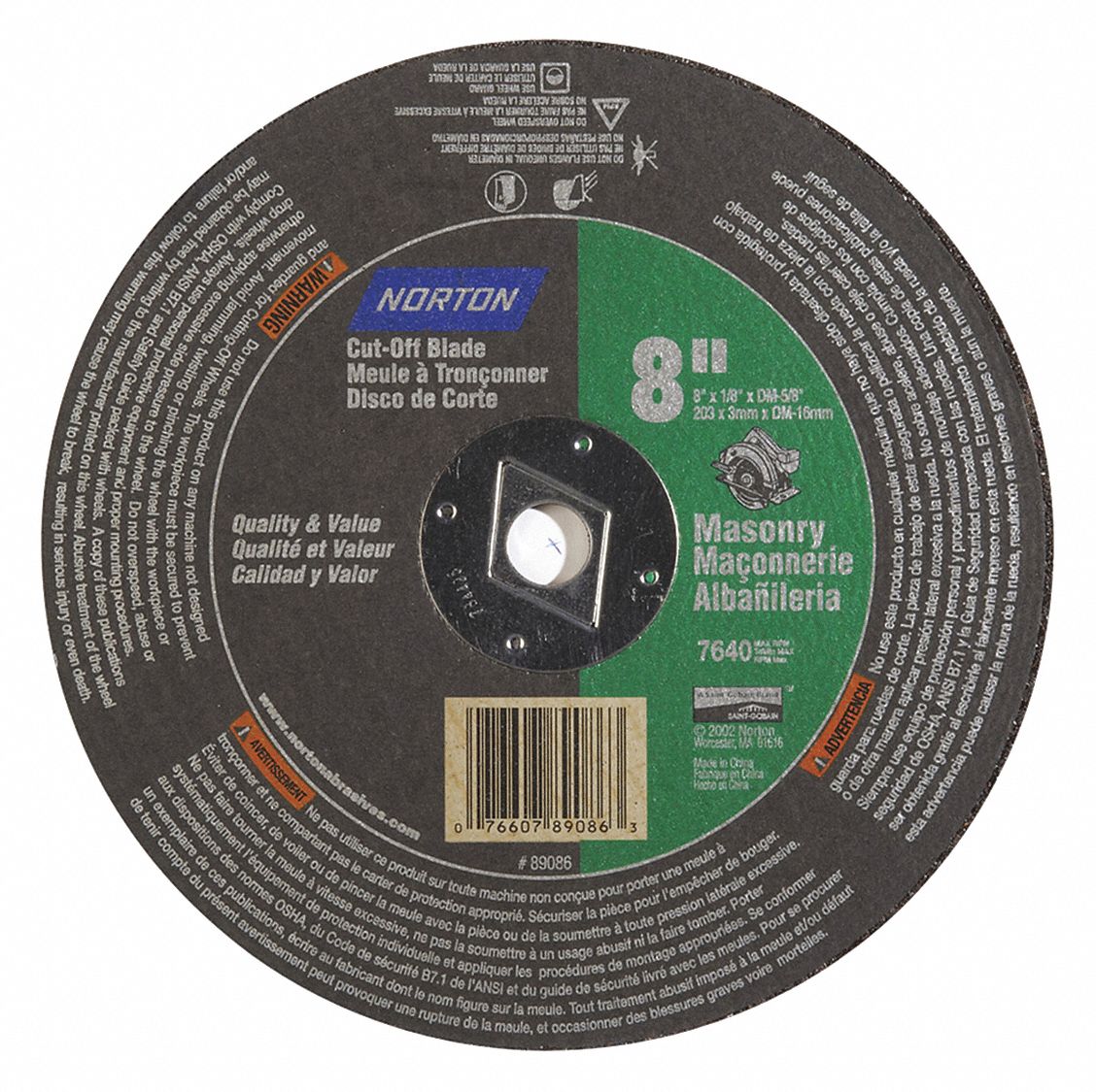 NORTON 8 in, Type 1 Silicon Carbide Abrasive CutOff Wheel, 5/8 in