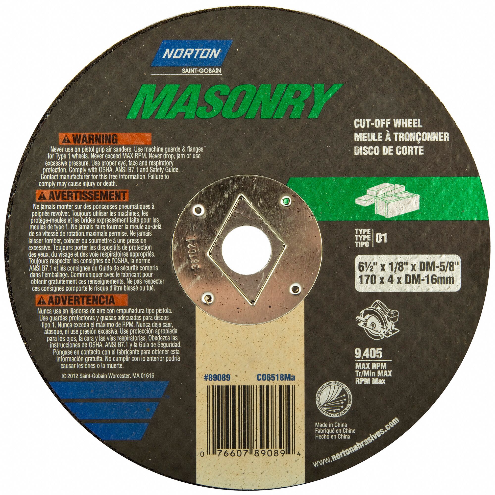 NORTON 6 1/2 in, Type 1 Silicon Carbide Abrasive CutOff Wheel, 5/8 in