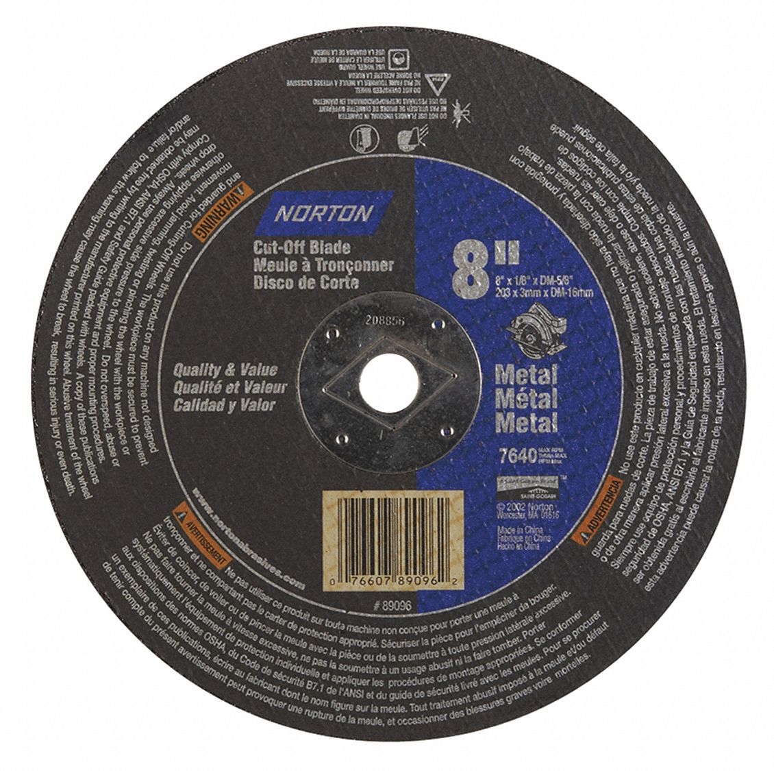 NORTON 8 in, Type 1 Aluminum Oxide Abrasive CutOff Wheel, 5/8 in Arbor