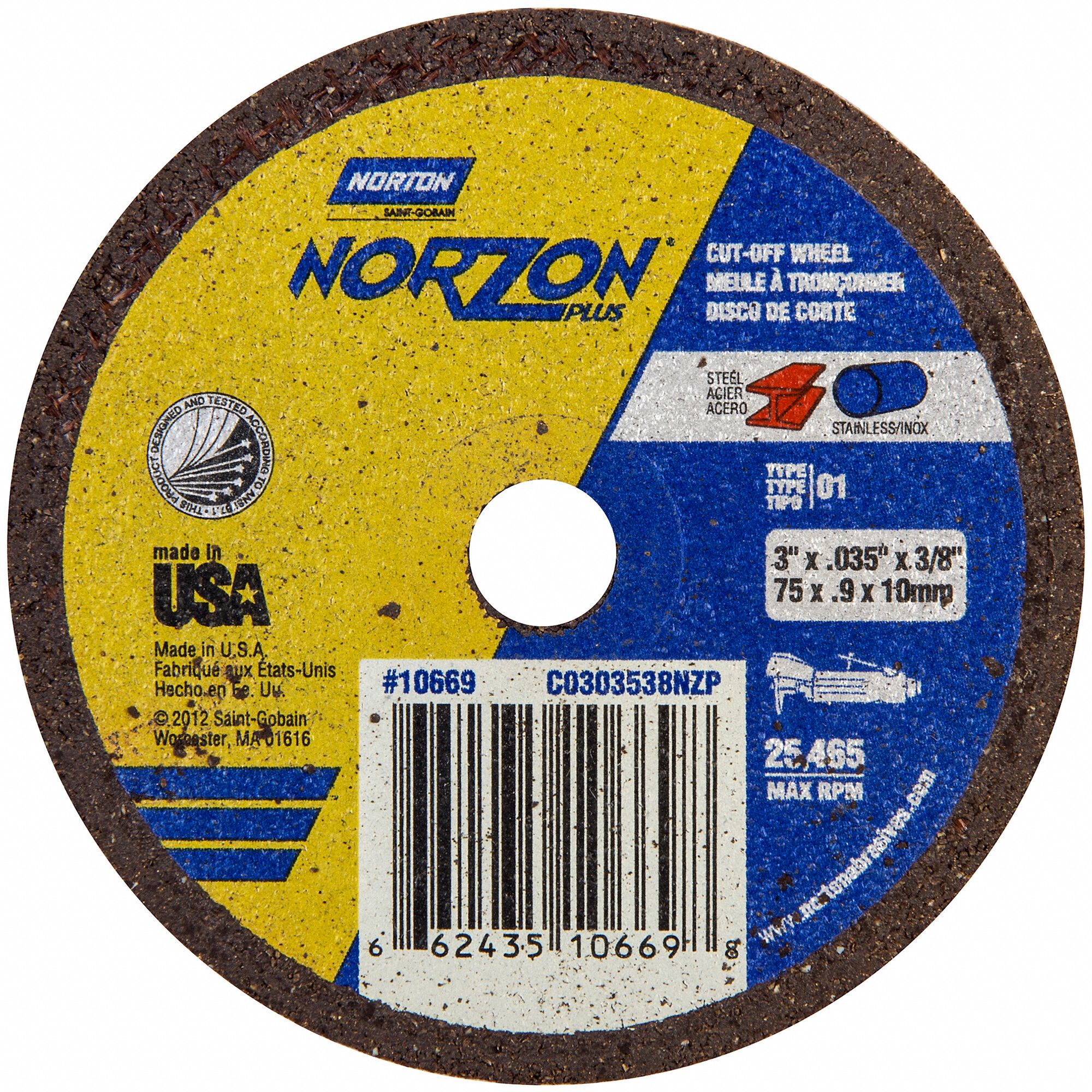 NORTON 3 in, Type 1 Ceramic Abrasive CutOff Wheel, 3/8 in Arbor Hole Size, 0.035 in Thickness