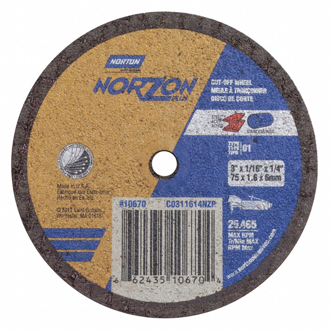 NORTON Abrasive CutOff Wheel 3 in Abrasive Wheel Dia, Ceramic, Type 1