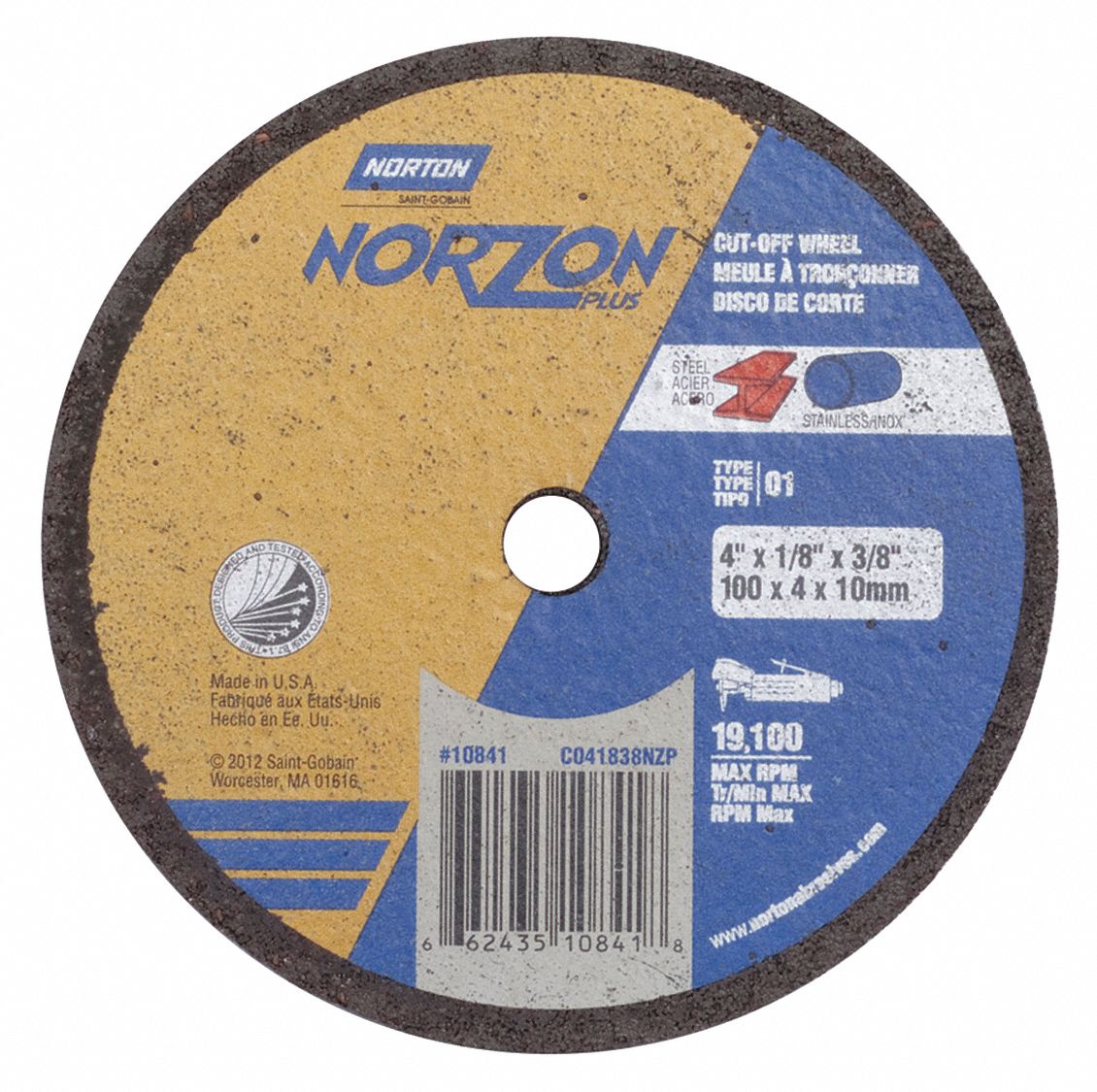 NORTON 4 in, Type 1 Ceramic Abrasive Cut-Off Wheel, 3/8 in Arbor Hole ...