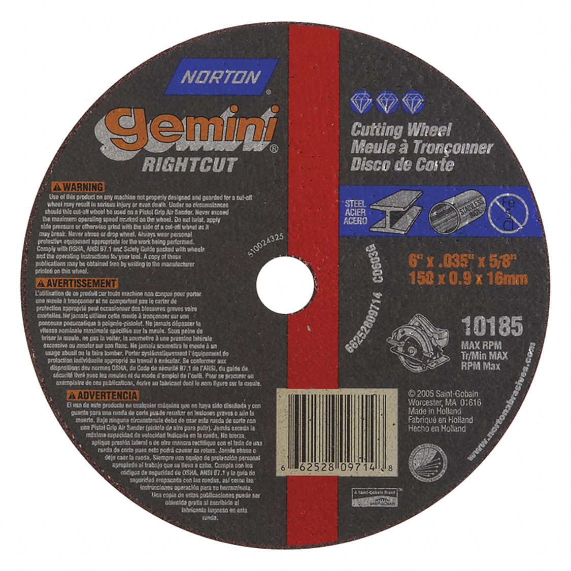 ABRASIVE CUT-OFF WHEEL, TYPE 1, 6 IN X 0.04 IN X ⅝ IN, ALUMINUM OXIDE, 60 GRIT, GEMINI