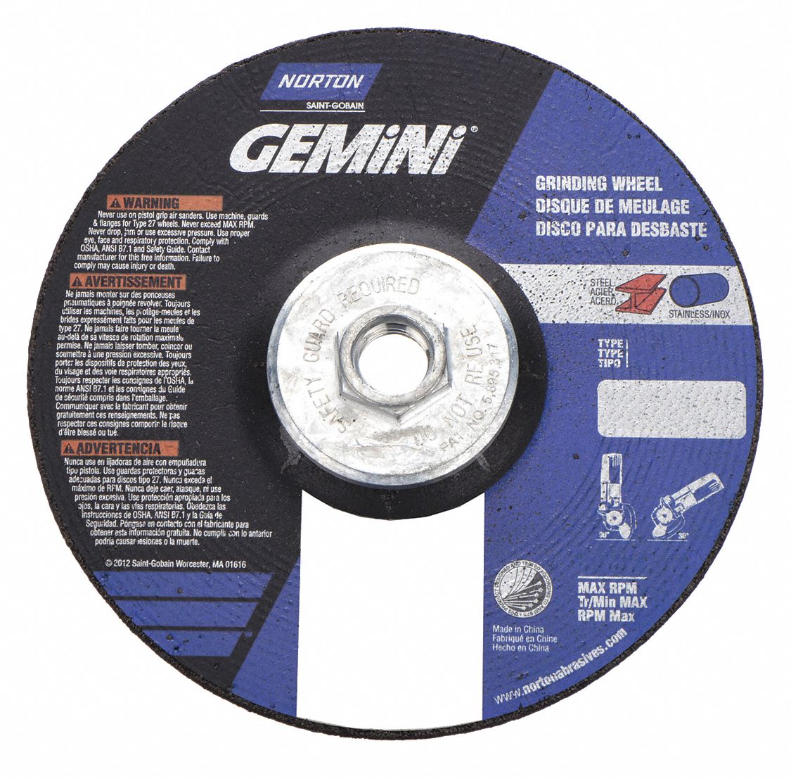 Cut-Off & Grinding Wheel: Type 27, 6" x 1/8" x 5/8"-11, Aluminum Oxide, 24 Grit, Gemini