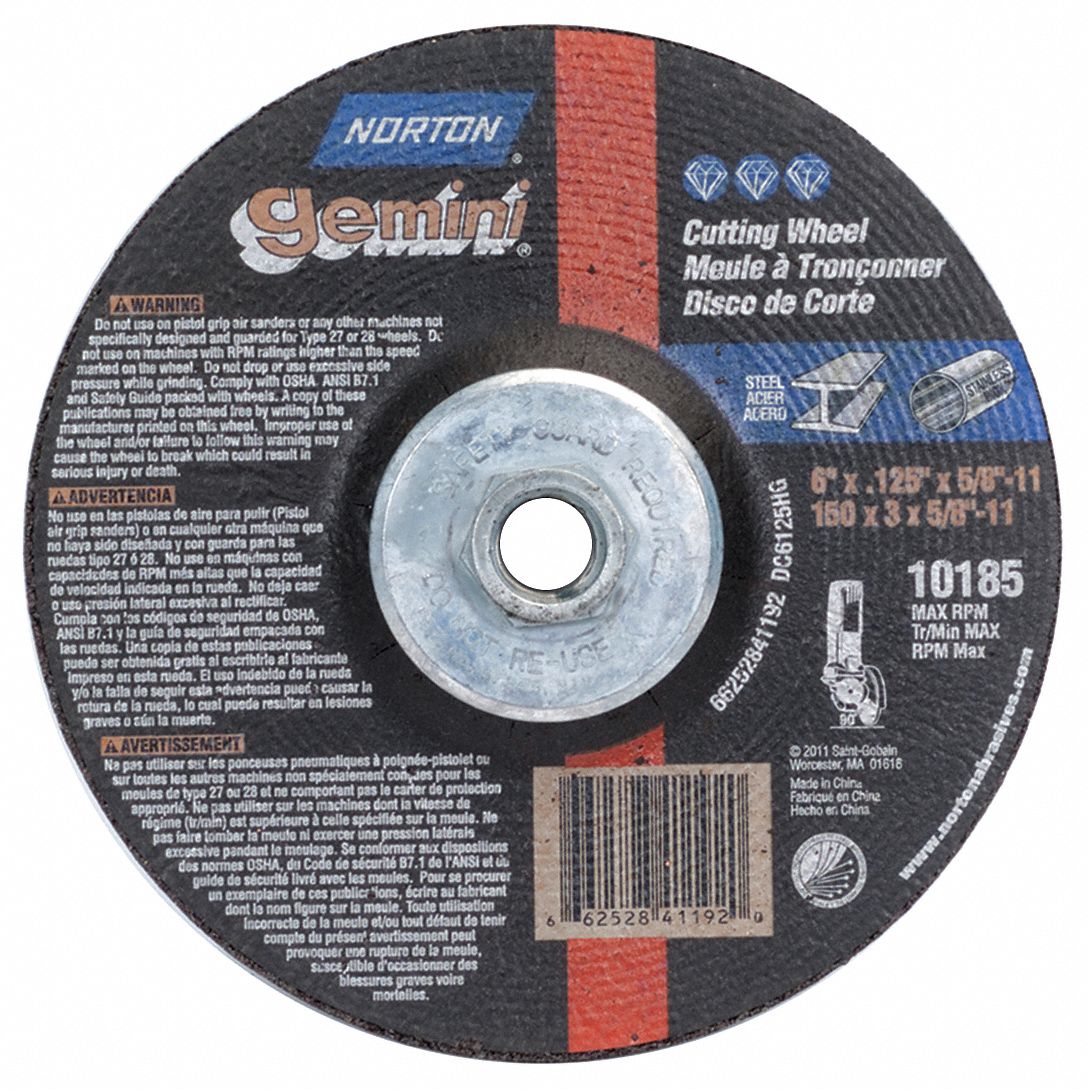 DEPRESSED CENTRE CUT-OFF WHEEL, TYPE 27, 6 IN X 1/8 IN X ⅝