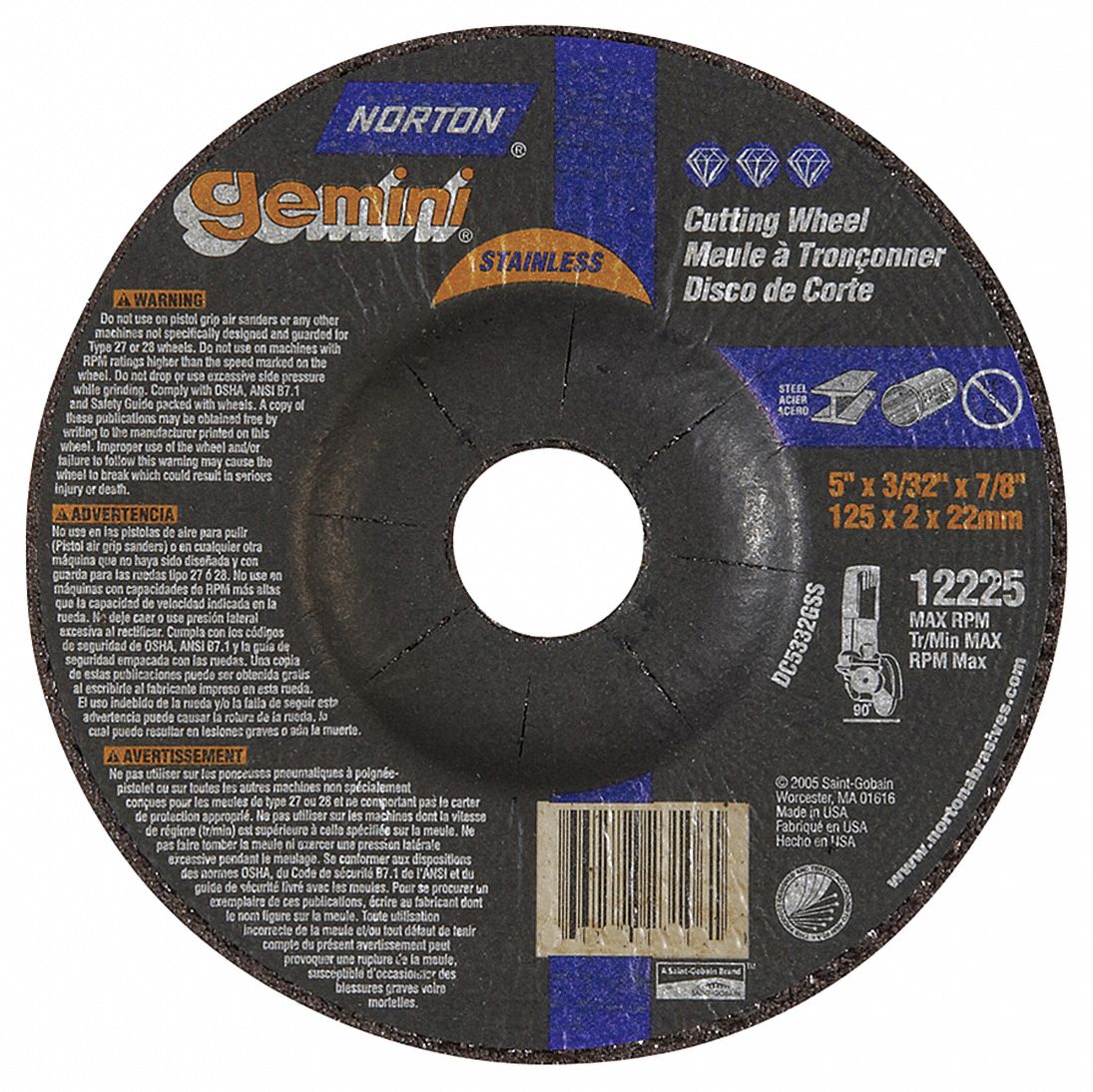 DEPRESSED CENTRE CUT-OFF WHEEL, TYPE 27, 5 IN X 3/32 IN X ⅞ IN, ALUMINUM OXIDE, 24 GRIT