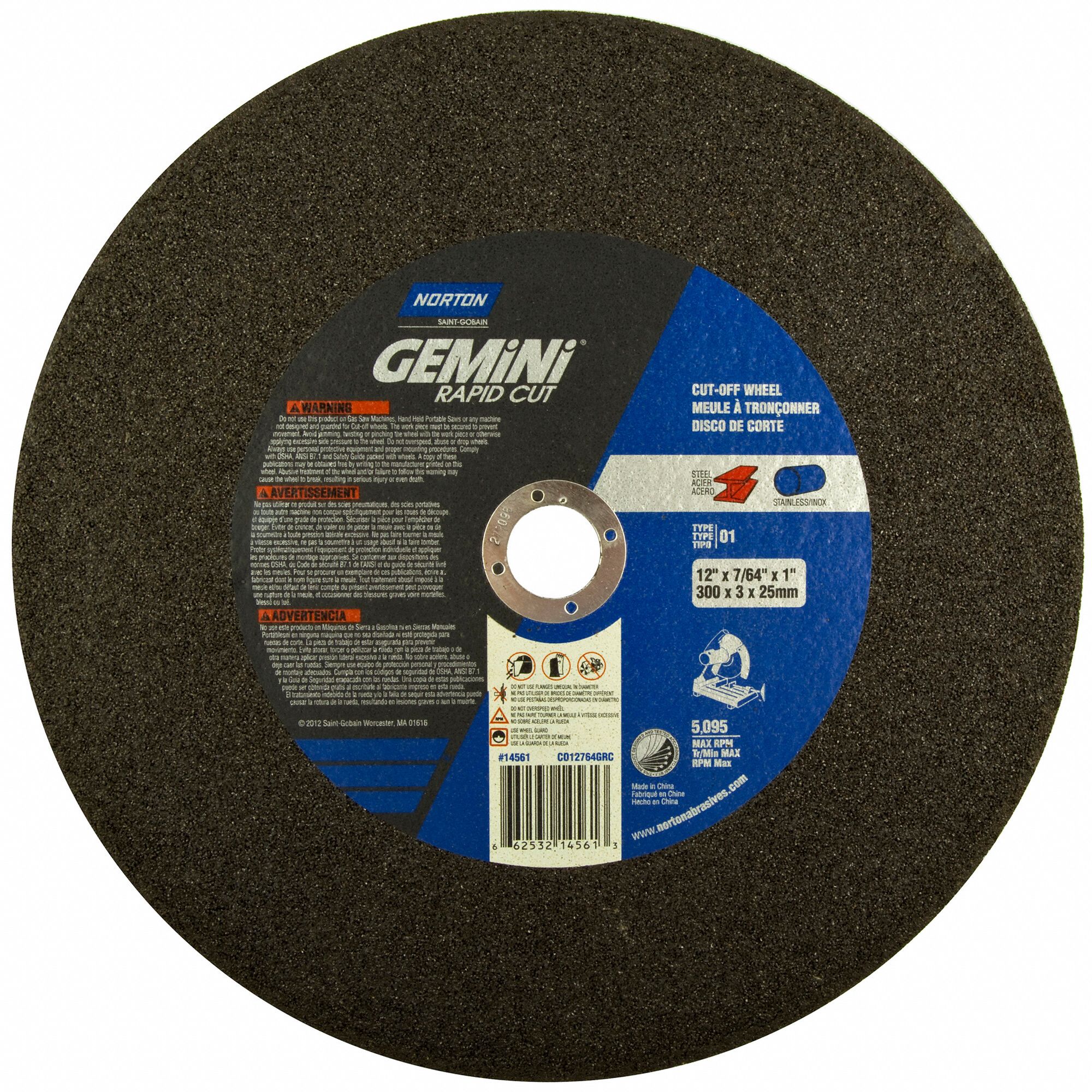 NORTON 12 in, Type 1 Silicon Carbide Abrasive CutOff Wheel, 1 in Arbor