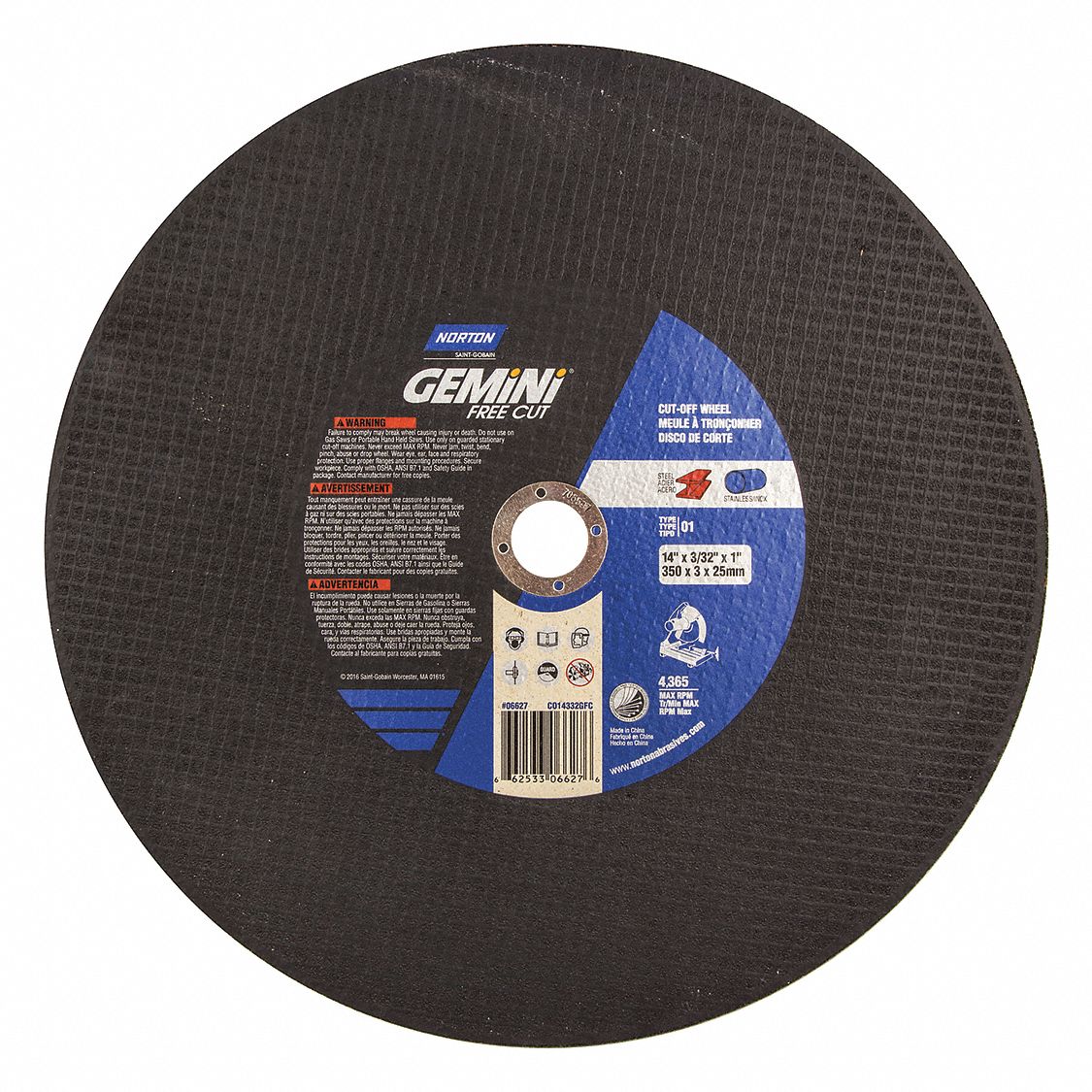 Abrasive Cut-Off Wheel: Type 1, 14" x 3/32" x 1", Aluminum Oxide, 36 Grit, Gemini Free Cut